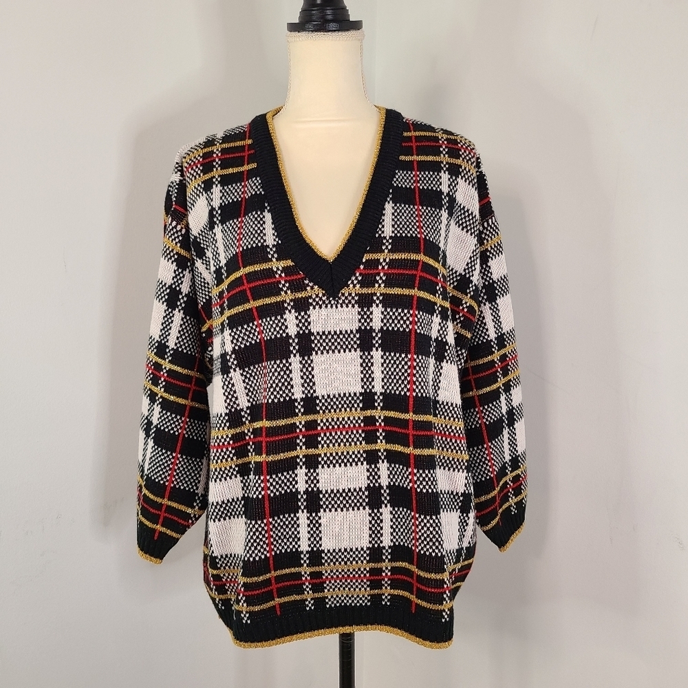 VTG Midnight Blues Metallic Plaid V Neck Sweater MED 90's Academia Relaxed Retro